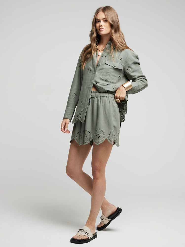 River Island Green Broderie Linen Shorts - Image 1 of 4 River Island Green Broderie Linen Shorts - Image 1 of 4