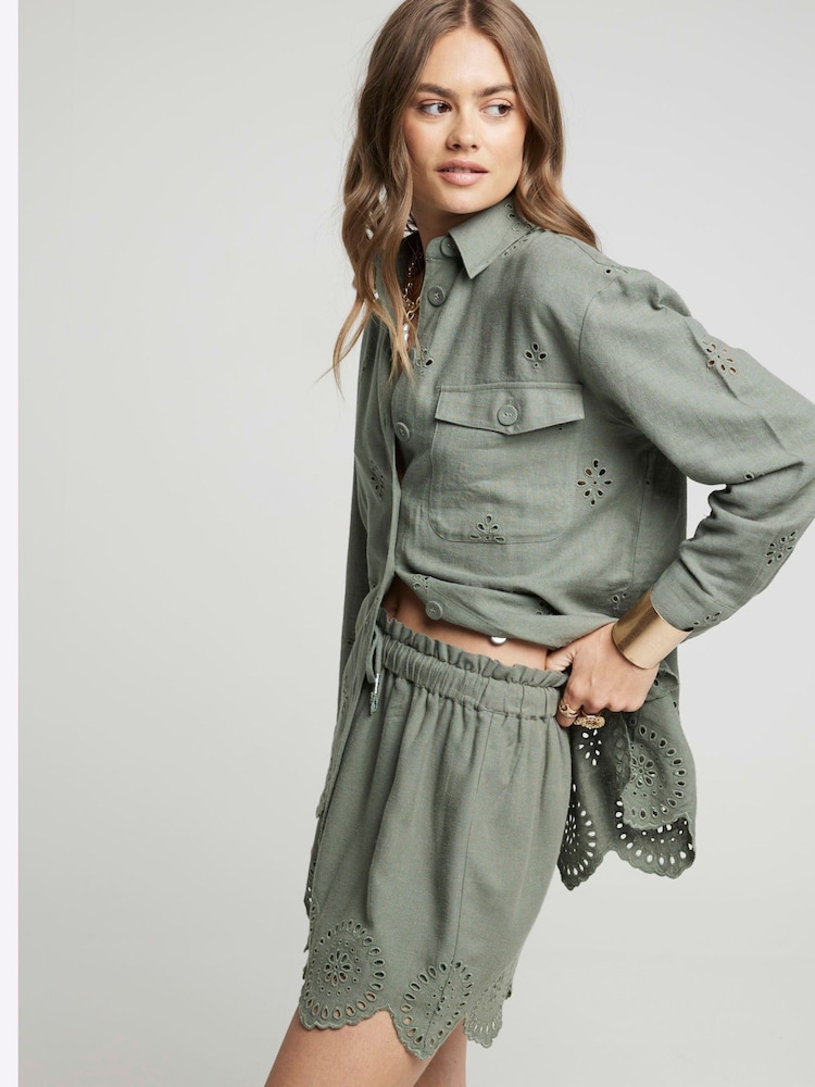 Buy River Island Green Broderie Linen Shorts from the Next UK