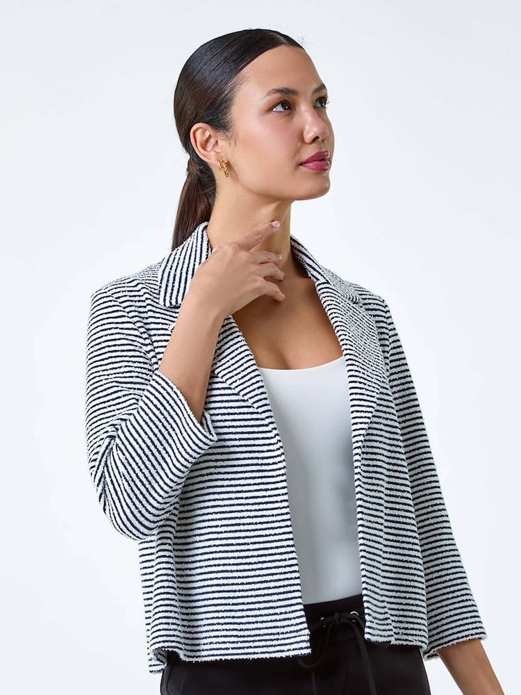 Roman Black Stripe Print Textured Cotton Blend Jacket - Image 2 of 5