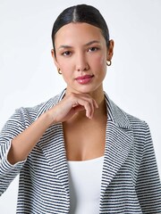Roman Black Stripe Print Textured Cotton Blend Jacket - Image 4 of 5