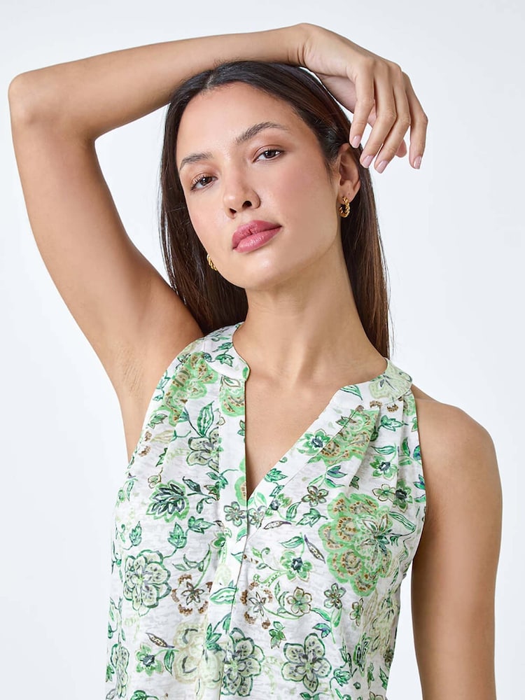 Roman Green Floral Burnout Print Vest Top - Image 2 of 5