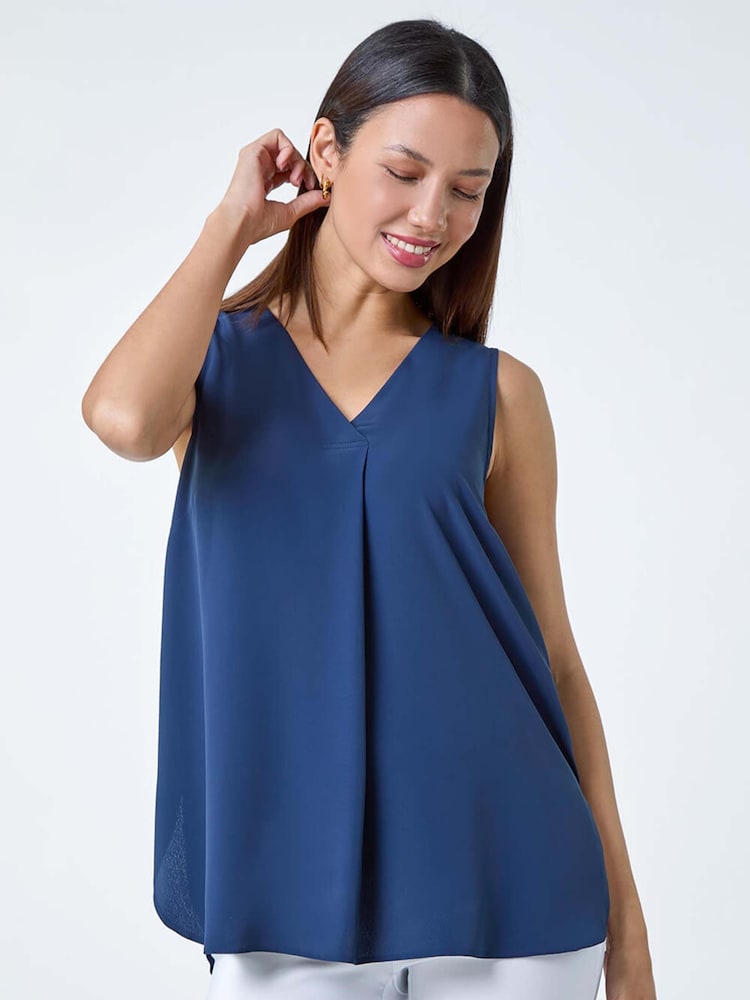 Roman Blue V-Neck Sleeveless Pleat Vest Top - Image 1 of 5