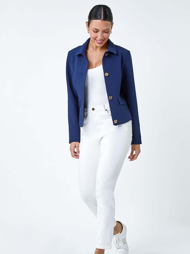 Roman Blue Textured Button Detail Boucle Jacket - Image 1 of 5
