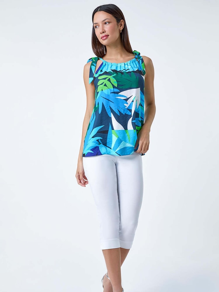 Roman Blue Abstract Leaf Halterneck Tie Detail Top - Image 1 of 5