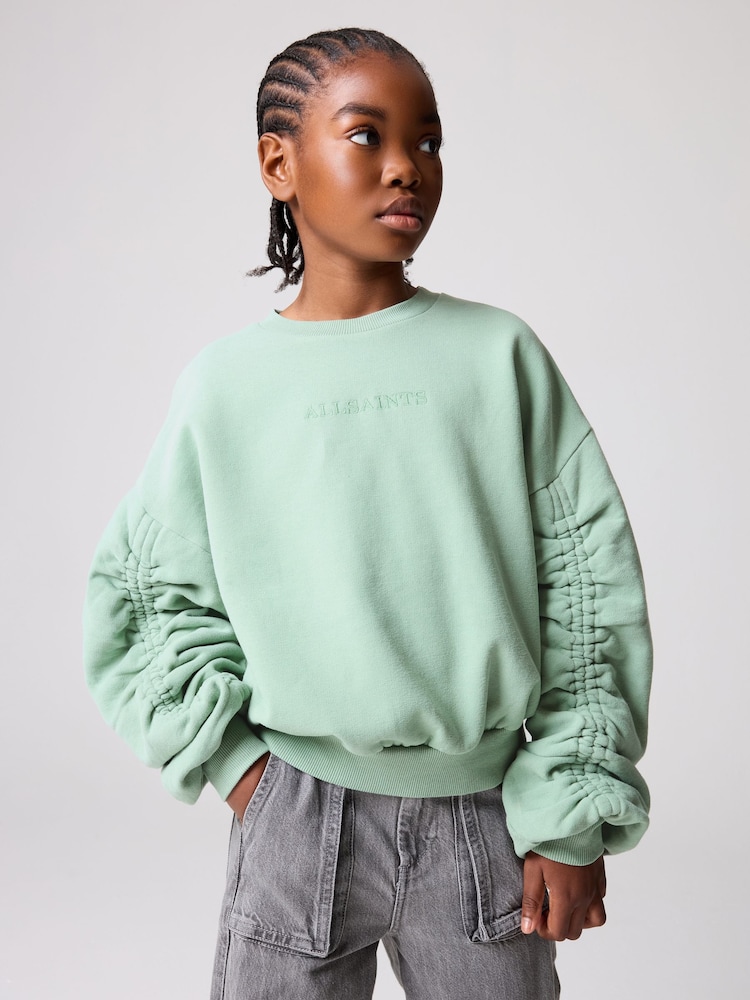 smALLSAINTS Sage Green Girls Oversized Cygni Ruched Sleeve Sweatshirt. - Image 1 of 8