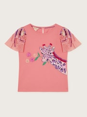 Monsoon Pink Giraffe Embellished 100% Cotton T-Shirt - Image 1 of 3