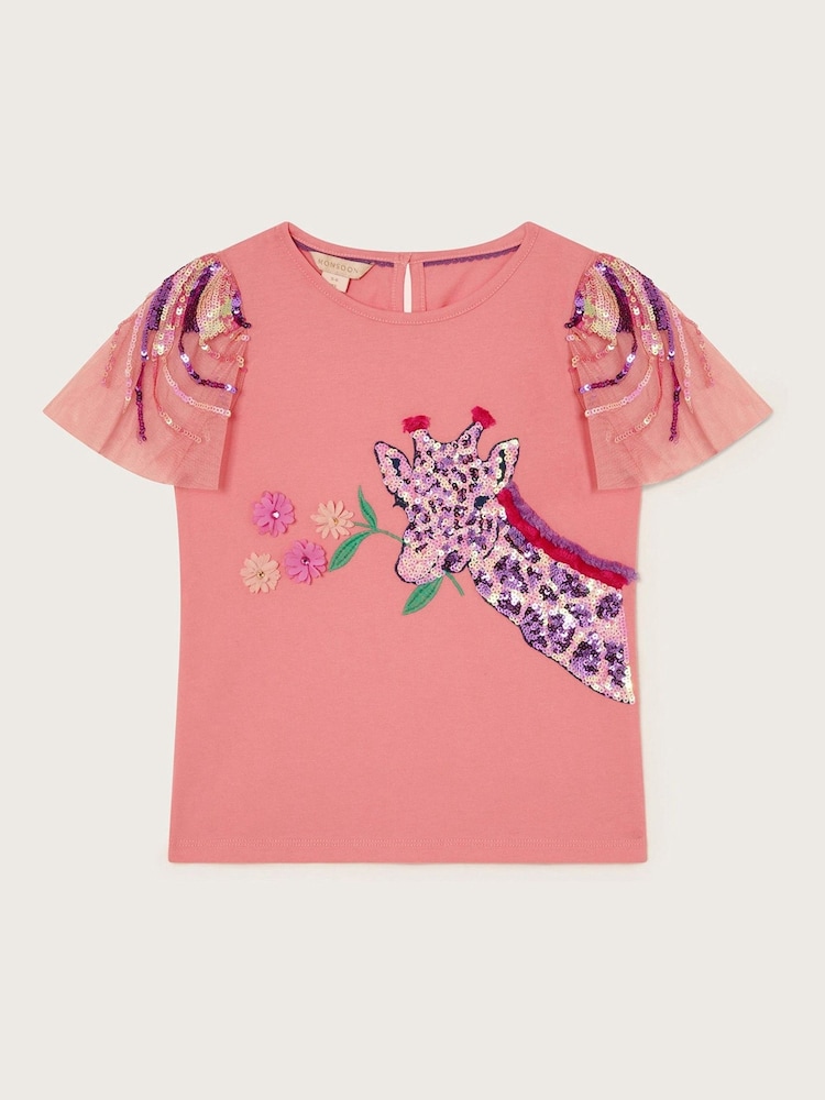 Monsoon Pink Giraffe Embellished 100% Cotton T-Shirt - Image 1 of 3