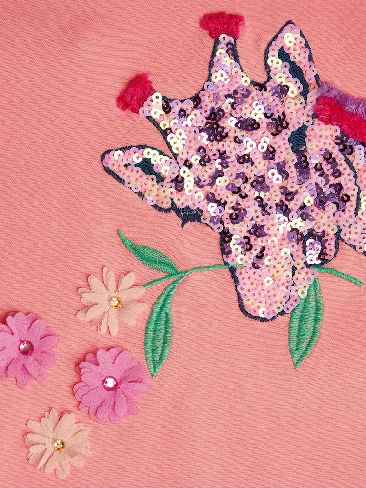 Monsoon Pink Giraffe Embellished 100% Cotton T-Shirt - Image 3 of 3
