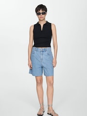 Mango Blue 100% Cotton Denim Shorts With Pleats - Image 2 of 6