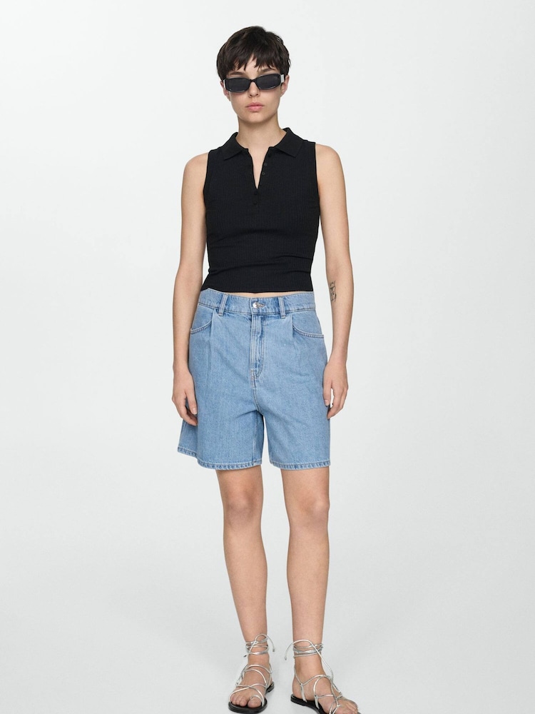 Mango Blue 100% Cotton Denim Shorts With Pleats - Image 2 of 6