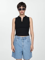 Mango Blue 100% Cotton Denim Shorts With Pleats - Image 4 of 6