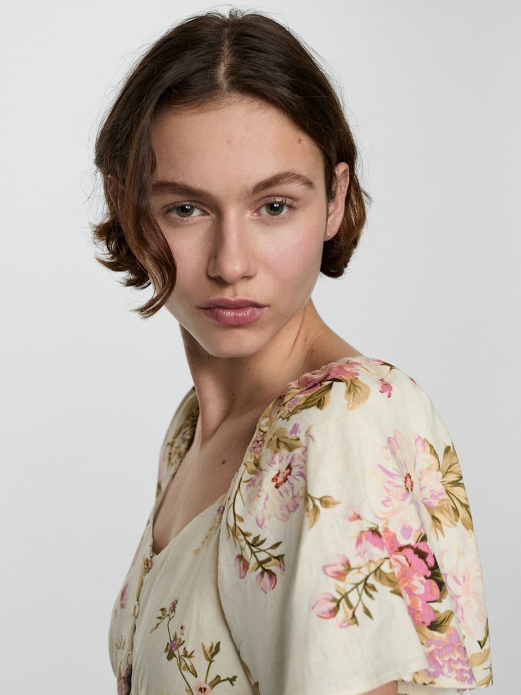 Mango Cream Buttoned Linen-Blend Dress - Image 2 of 6 Mango Cream Buttoned Linen-Blend Dress - Image 2 of 6