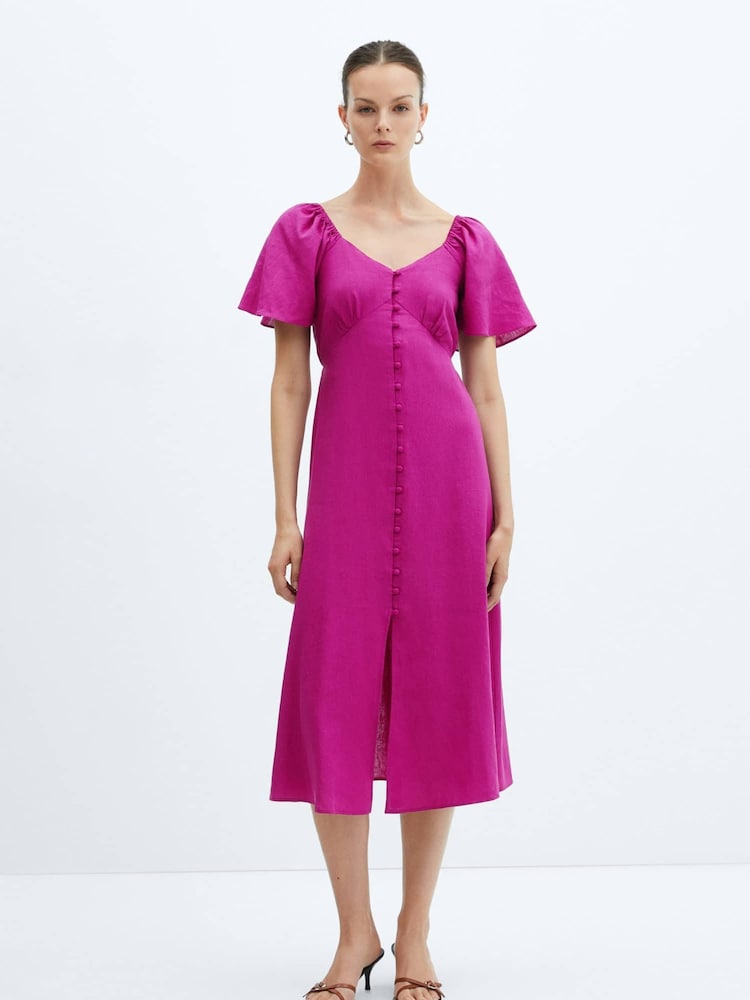 Mango Purple Buttoned Linen-Blend Dress - Image 1 of 6