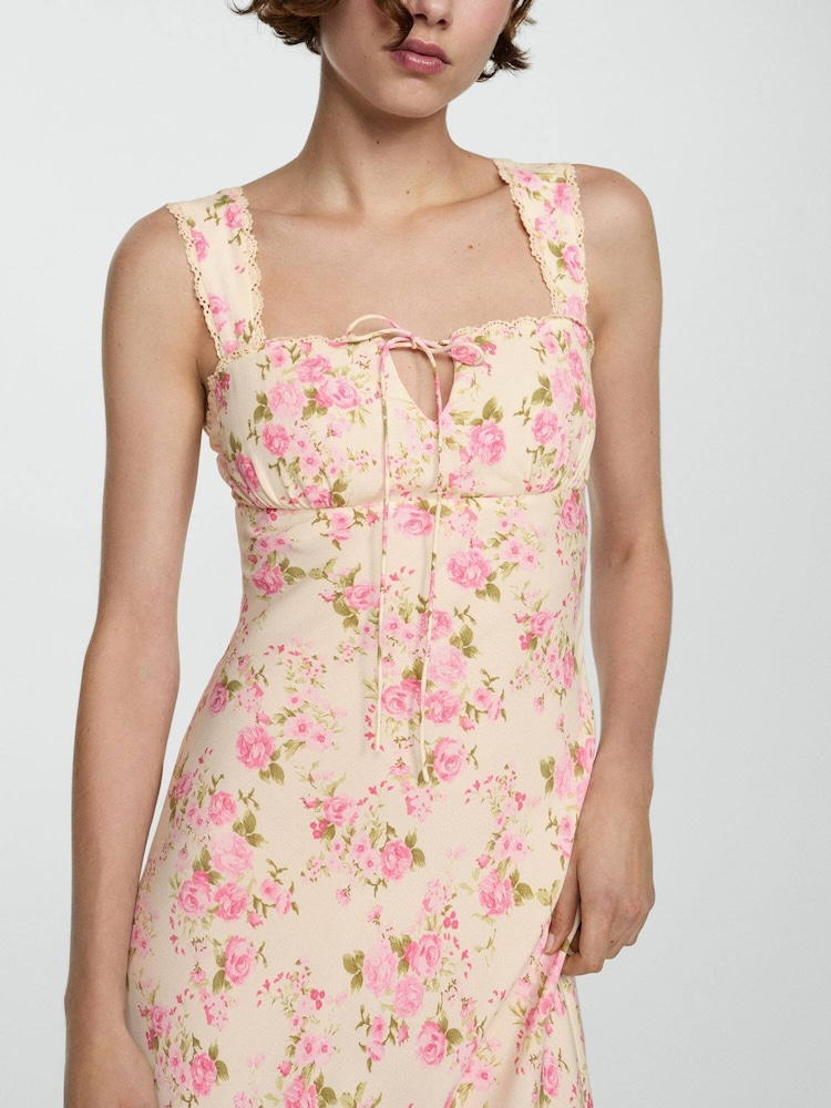 Mango Pink Floral Dress With Bow Neckline - Image 2 of 7