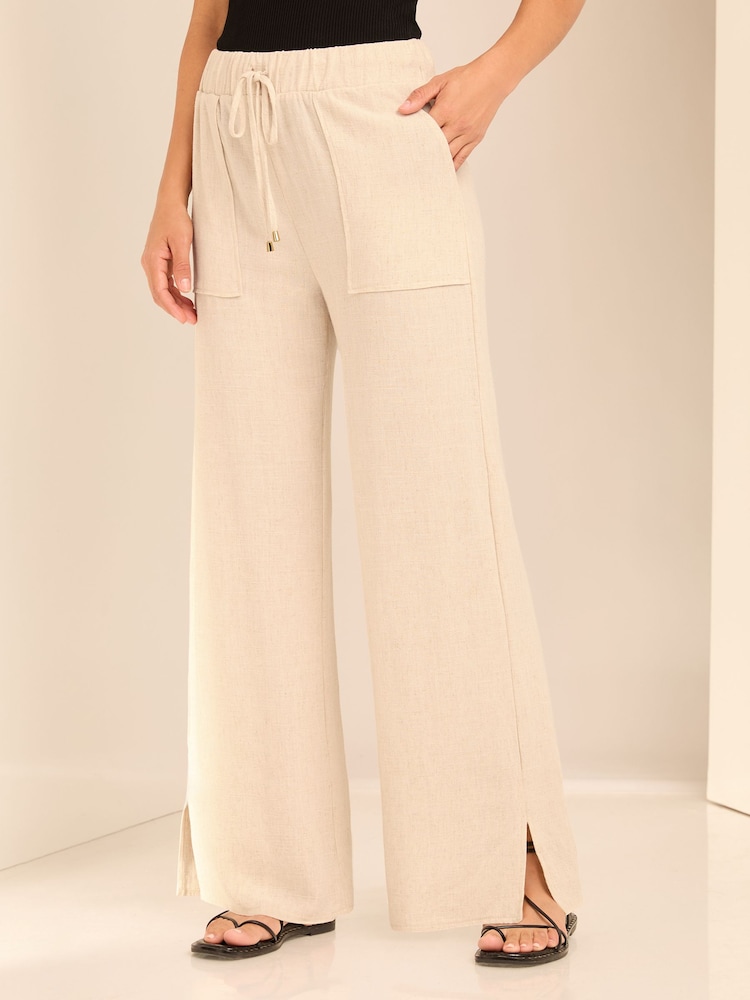 Lipsy Light Camel Petite Wide Leg Trousers With A Touch Of Linen - Image 1 of 4
