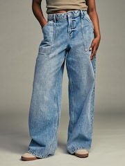Mid Blue Adjustable Cinch Back Wide leg Hourglass 100% Cotton Jeans - Image 1 of 8