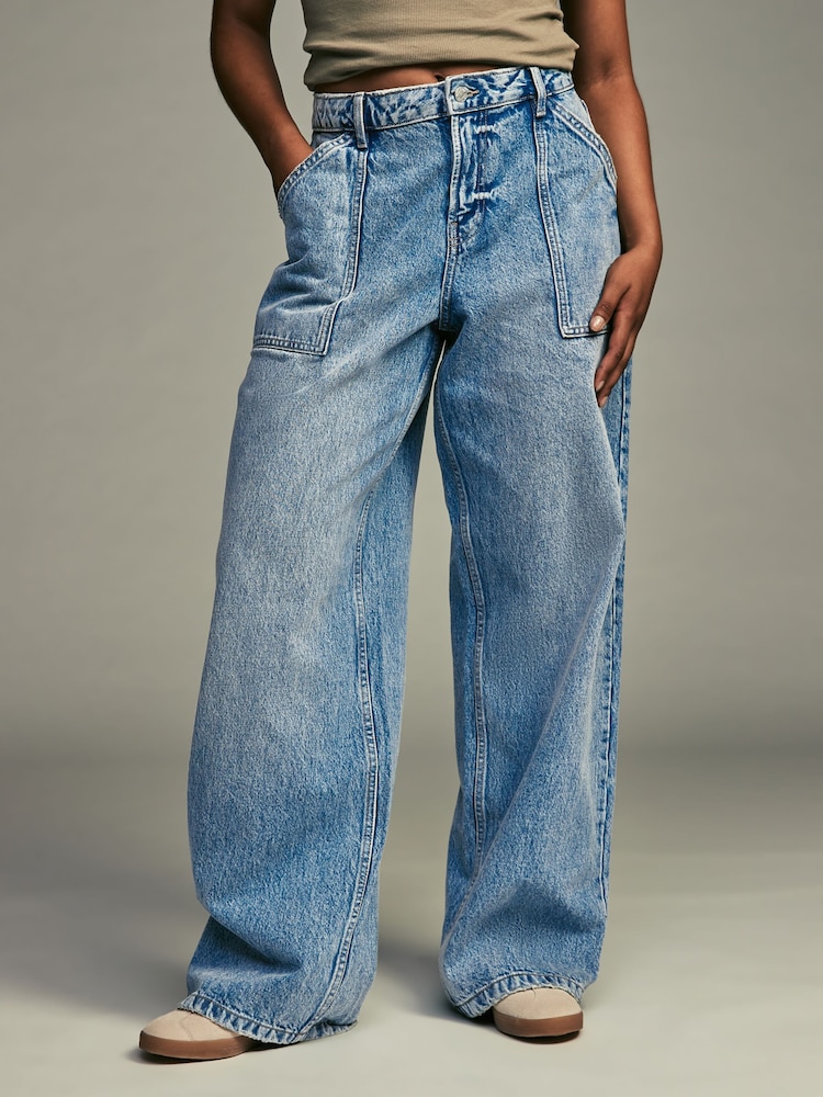 Mid Blue Adjustable Cinch Back Wide leg Hourglass 100% Cotton Jeans - Image 1 of 8