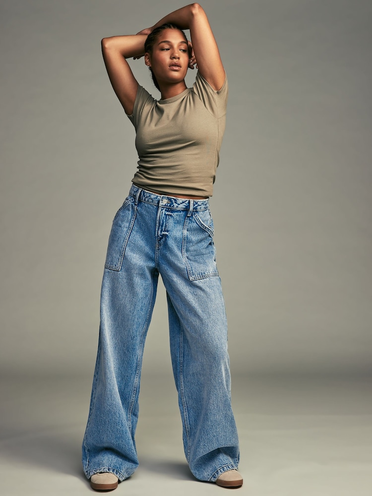 Mid Blue Adjustable Cinch Back Wide leg Hourglass 100% Cotton Jeans - Image 2 of 8