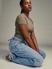 Mid Blue Adjustable Cinch Back Wide leg Hourglass 100% Cotton Jeans - Image 3 of 8