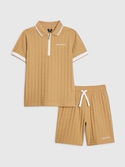 River Island Brown Slim Polo Shirt & Shorts Set - Image 1 of 5