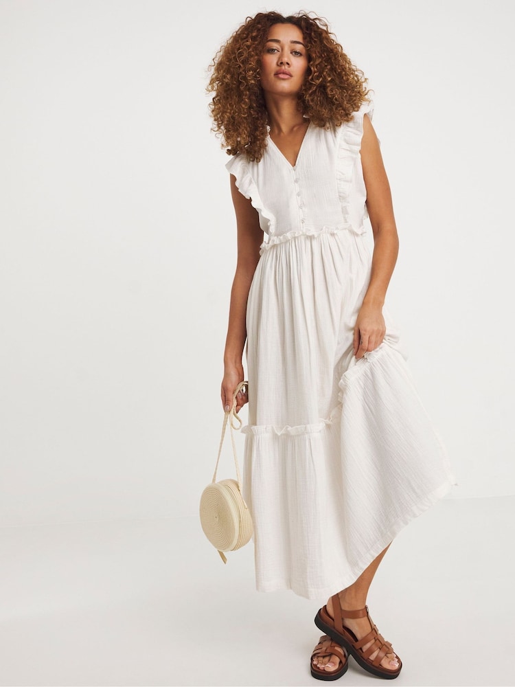 JD Williams White 100% Cotton Cheesecloth Smock Dress With Shirred Back - Image 1 of 5