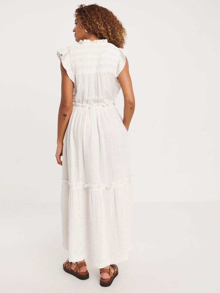 JD Williams White 100% Cotton Cheesecloth Smock Dress With Shirred Back - Image 2 of 5