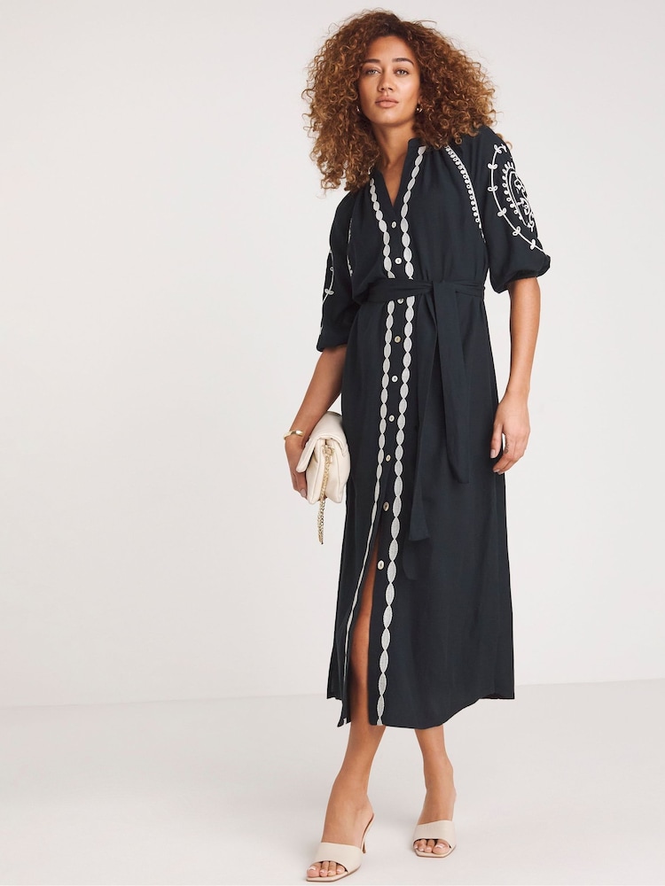 JD Williams Black 100% Cotton Embroidered Kaftan Dress - Image 1 of 4