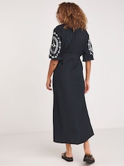 JD Williams Black 100% Cotton Embroidered Kaftan Dress - Image 2 of 4