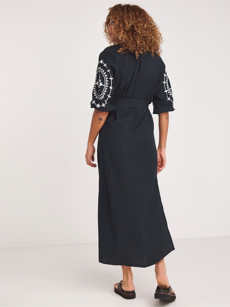 JD Williams Black 100% Cotton Embroidered Kaftan Dress - Image 2 of 4