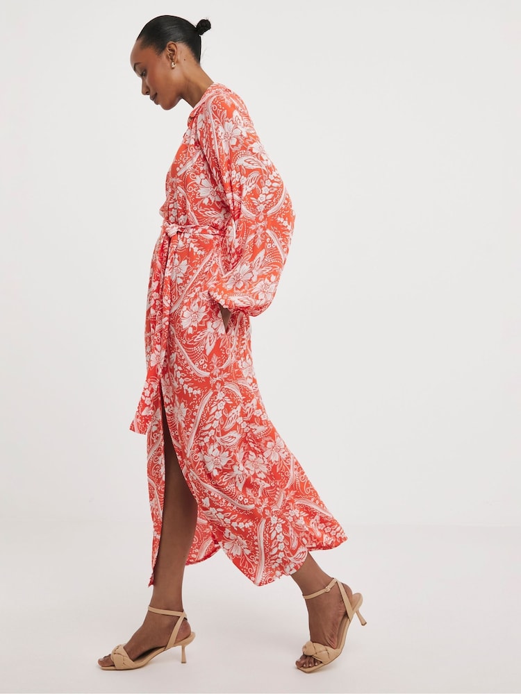 JD Williams Orange Crinkle Balloon Sleeve Midi Shirt Dress - Image 1 of 5