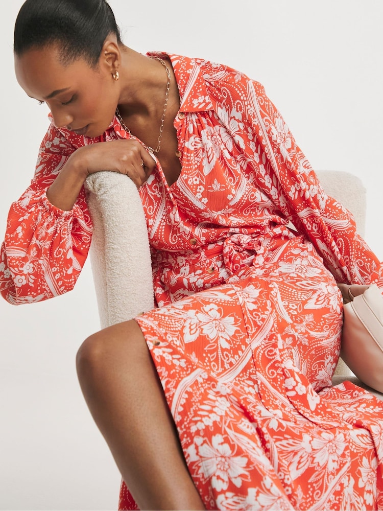 JD Williams Orange Crinkle Balloon Sleeve Midi Shirt Dress - Image 2 of 5