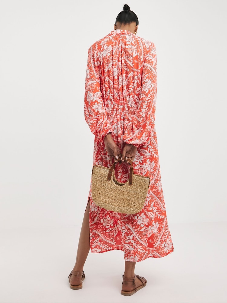 JD Williams Orange Crinkle Balloon Sleeve Midi Shirt Dress - Image 3 of 5