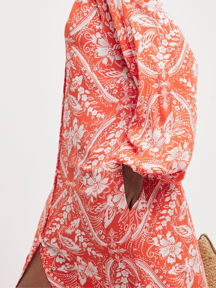 JD Williams Orange Crinkle Balloon Sleeve Midi Shirt Dress - Image 4 of 5