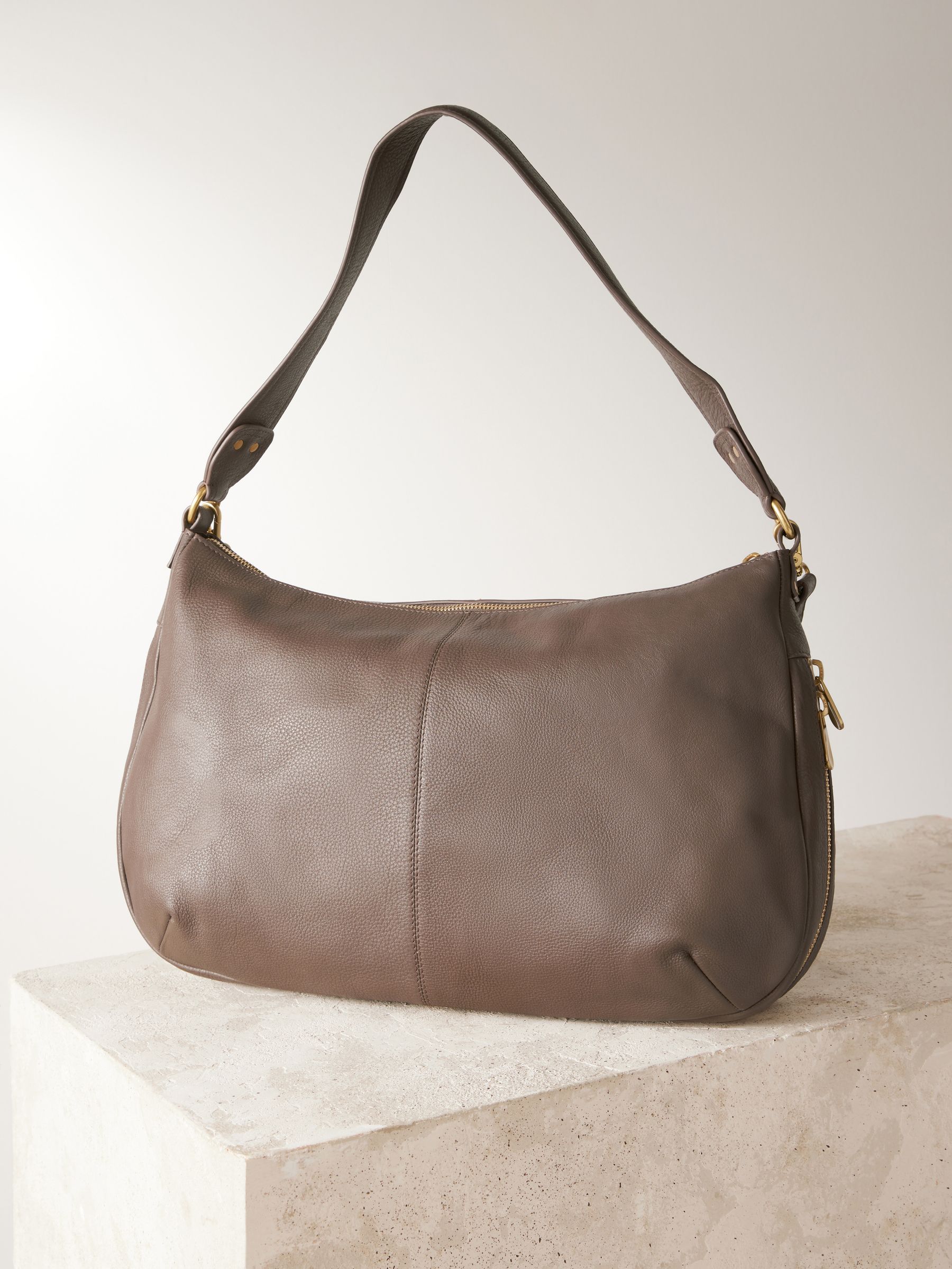 Taupe Leather Curved Shoulder Bag