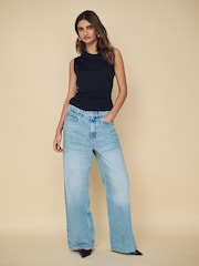 Mango Blue Low Waist 100% Cotton Wide Leg Jeans - Image 3 of 7
