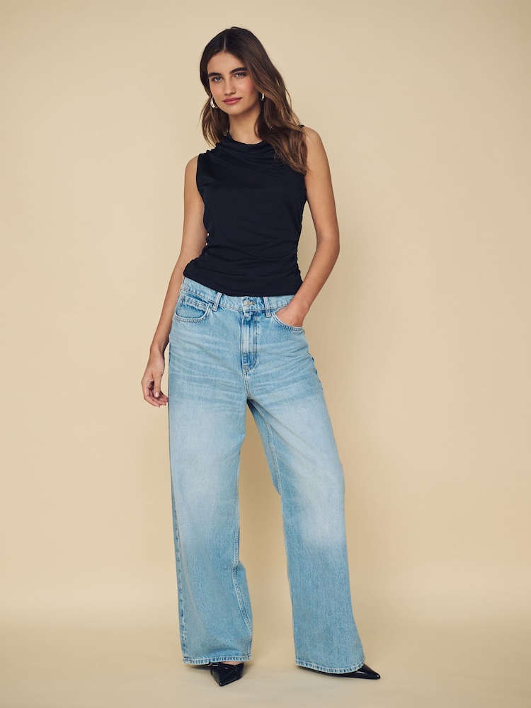 Mango Blue Low Waist 100% Cotton Wide Leg Jeans - Image 3 of 7
