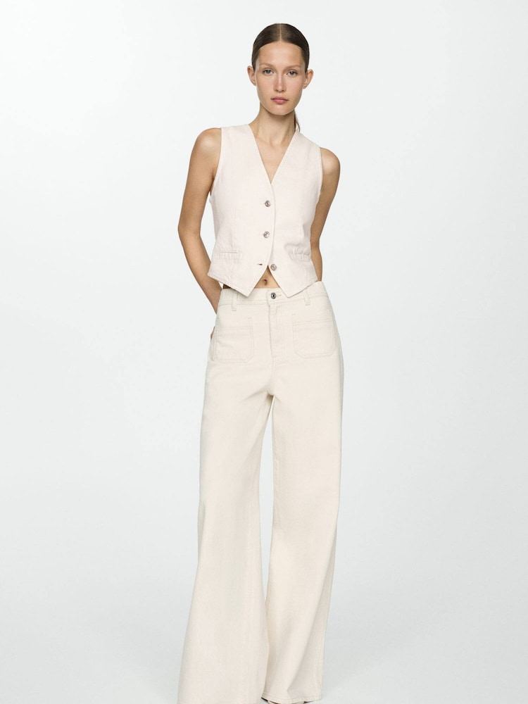 Mango Cream 100% Cotton Wide Leg Jeans With Pockets - Image 1 of 7