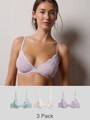 Mint Green/Lilac/Cream Non Pad Full Cup Lace Bras 3 Pack A-E - Image 1 of 1