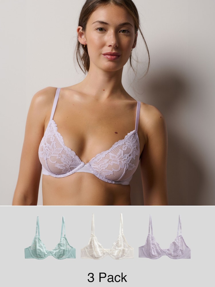 Mint Green/Lilac/Cream Non Pad Full Cup Lace Bras 3 Pack A-E - Image 1 of 1