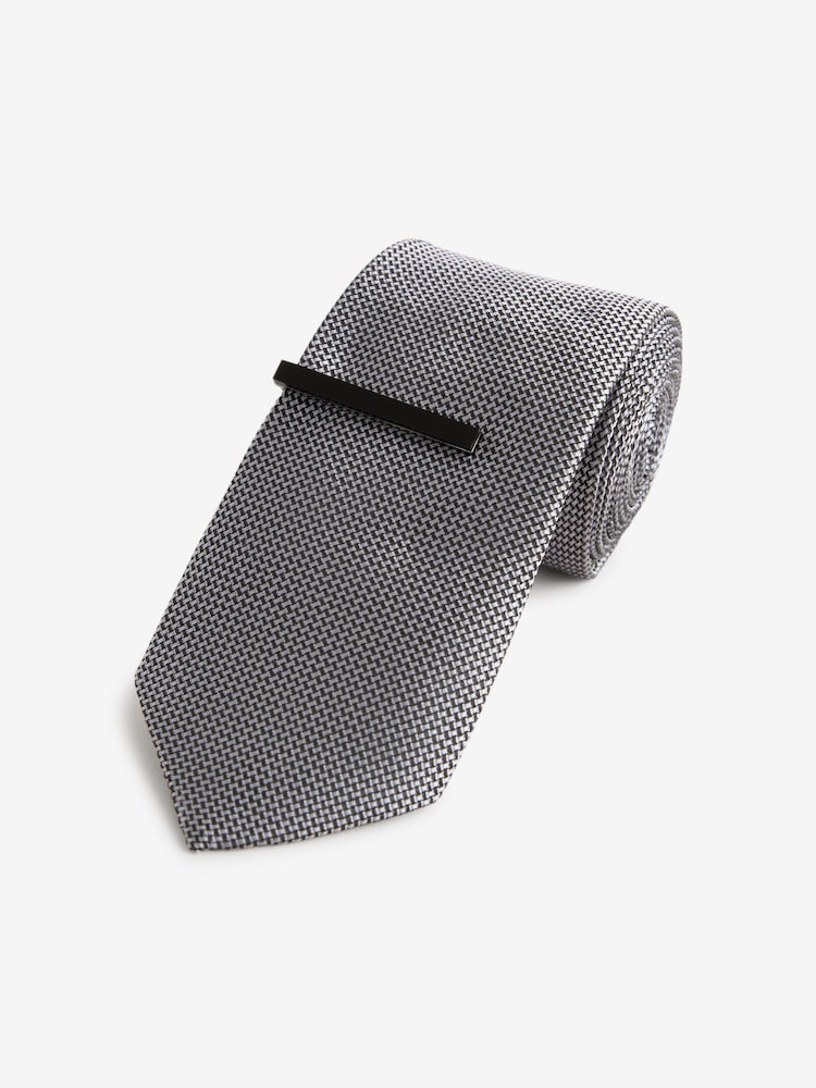 Grey Slim Textured Tie And Clip Set - Image 2 of 4