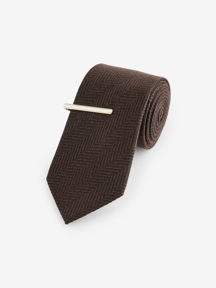 Chocolate Brown Silk Wool Herringbone Tie And Tie Clip - Image 1 of 3
