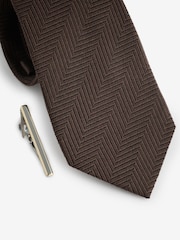 Chocolate Brown Silk Wool Herringbone Tie And Tie Clip - Image 2 of 3