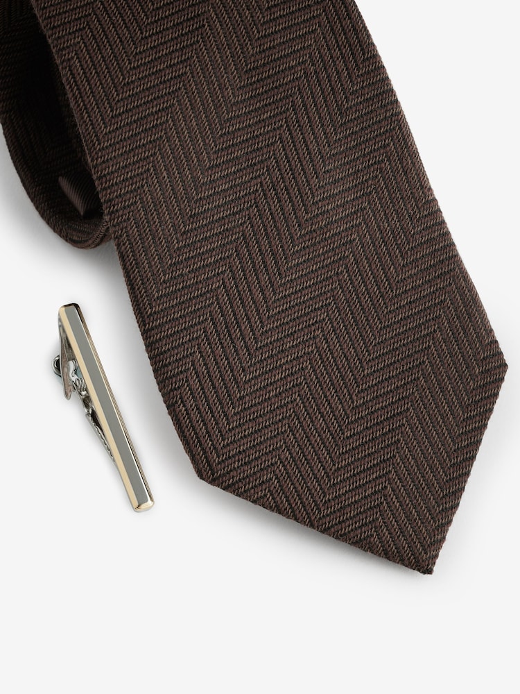 Chocolate Brown Silk Wool Herringbone Tie And Tie Clip - Image 2 of 3