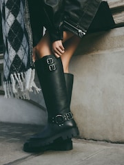 Black Leather Extra Wide Fit Forever Comfort® Knee High Double Buckle Biker Boots - Image 2 of 9