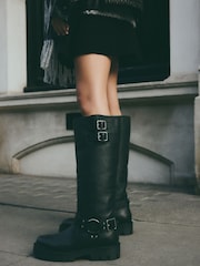Black Leather Extra Wide Fit Forever Comfort® Knee High Double Buckle Biker Boots - Image 3 of 9