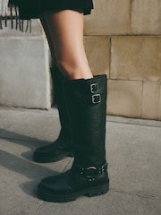 Black Leather Extra Wide Fit Forever Comfort® Knee High Double Buckle Biker Boots - Image 4 of 9