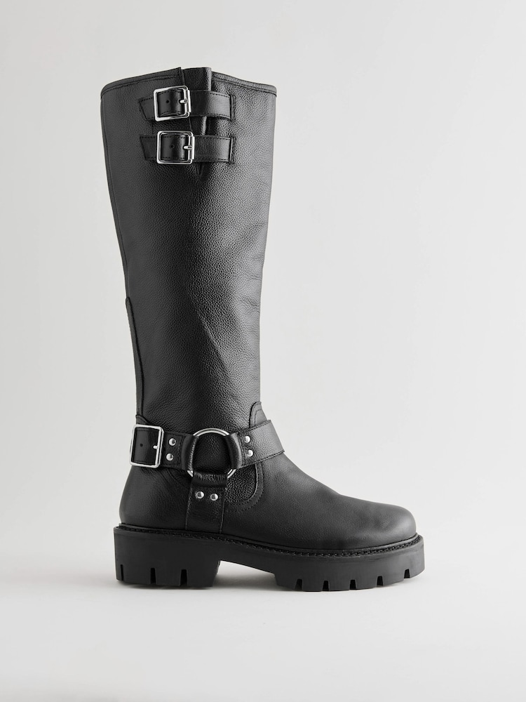Black Leather Extra Wide Fit Forever Comfort® Knee High Double Buckle Biker Boots - Image 5 of 9