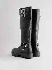 Black Leather Extra Wide Fit Forever Comfort® Knee High Double Buckle Biker Boots - Image 7 of 9