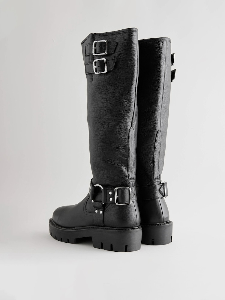 Black Leather Extra Wide Fit Forever Comfort® Knee High Double Buckle Biker Boots - Image 7 of 9