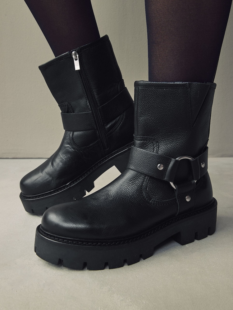Black Leather Extra Wide Fit Forever Comfort® Buckle Strap Leather Ankle Biker Boots - Image 2 of 9